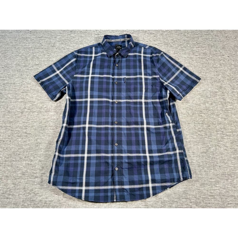 Armani Exchange AX Shirt Mens Extra Large Blue White Plaid Slim Fit Chest Pocket
